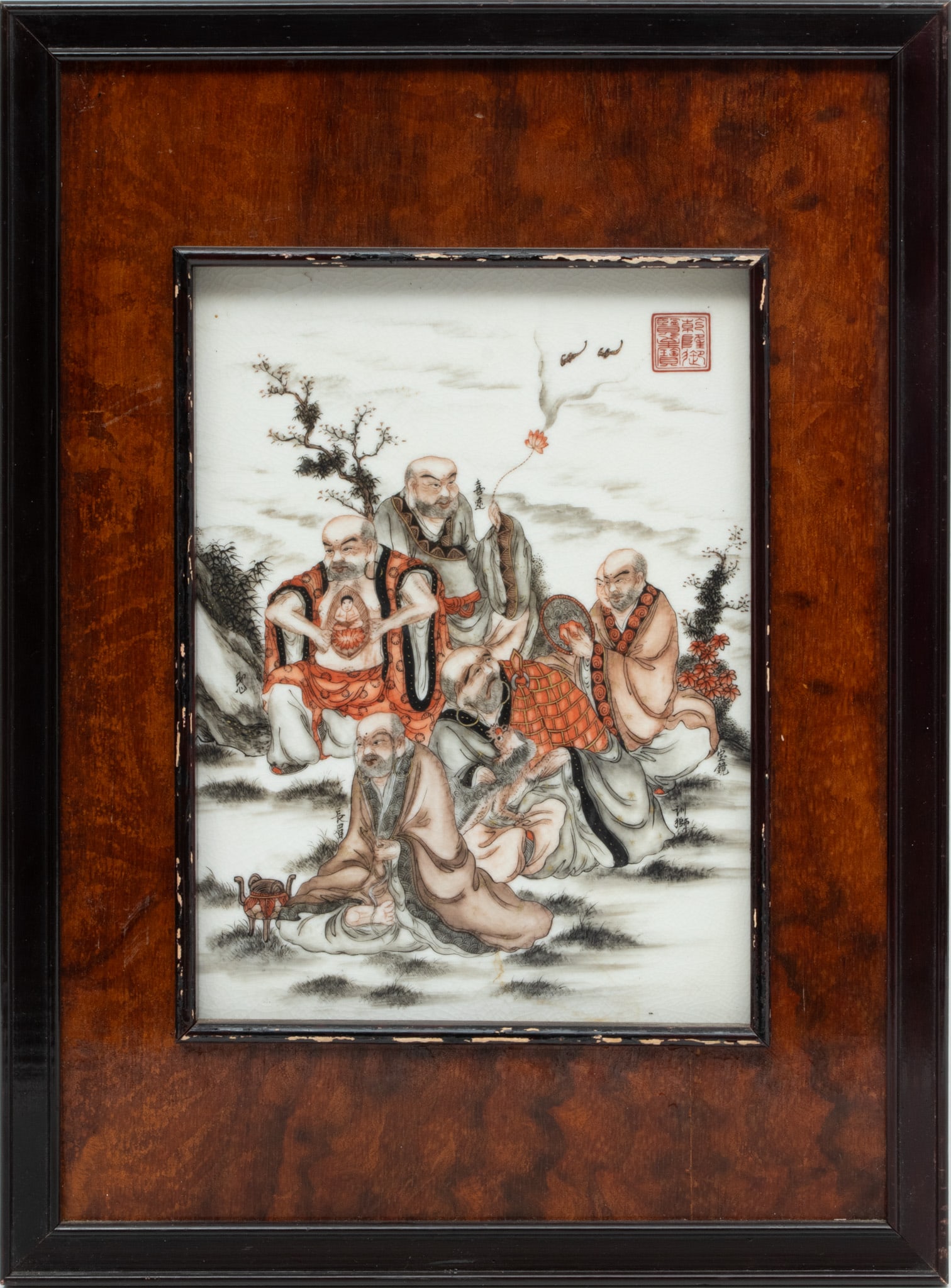 Chinese Porcelain Plaque, Scene with 5 Lders H 11.5" W 9" (1 of 4)