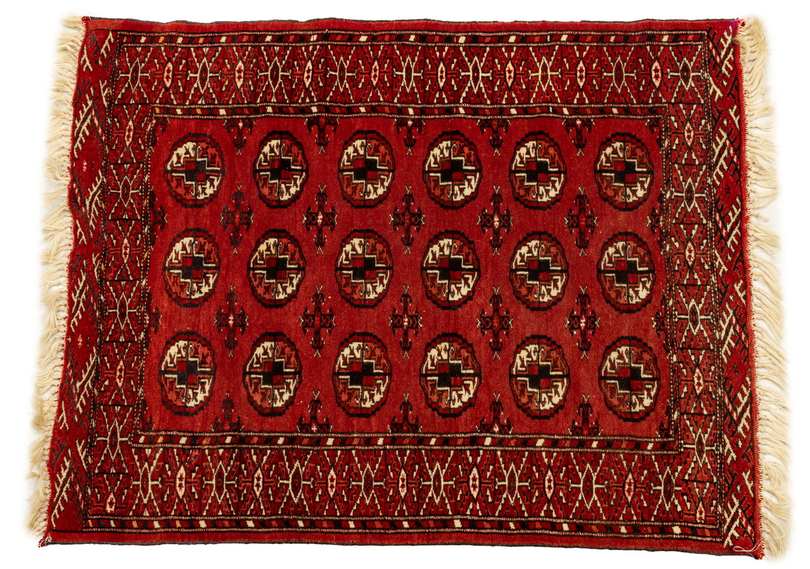 Bokhara Hand Woven Wool Oriental Rug Ca. 1960, W 25" L 42": Bokhara Hand Woven Wool Oriental Rug Ca. 1960, W 25" L 42" | Red ground with stylized floral cartouche design. Provenance: Property from an Au Gres, MI private collector