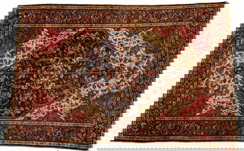 Persian Sarouk Hand Woven Wool Oriental Rug Ca. 1920, W 34" L 60": Persian Sarouk Hand Woven Wool Oriental Rug Ca. 1920, W 34" L 60" | Ivory center ground with center geometric medallion. Oxblood ground and blue border. Provenance: Property from the collection of Joh