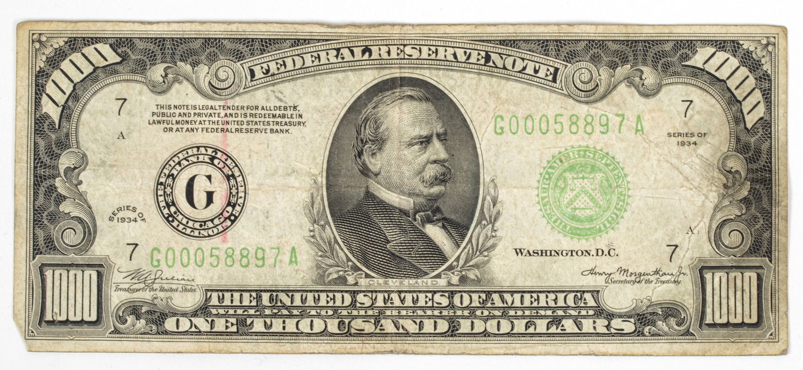 Series 1934 One Thousand Dollar Federal Reserve Note, H 3" W 6.5" (1 of 2)