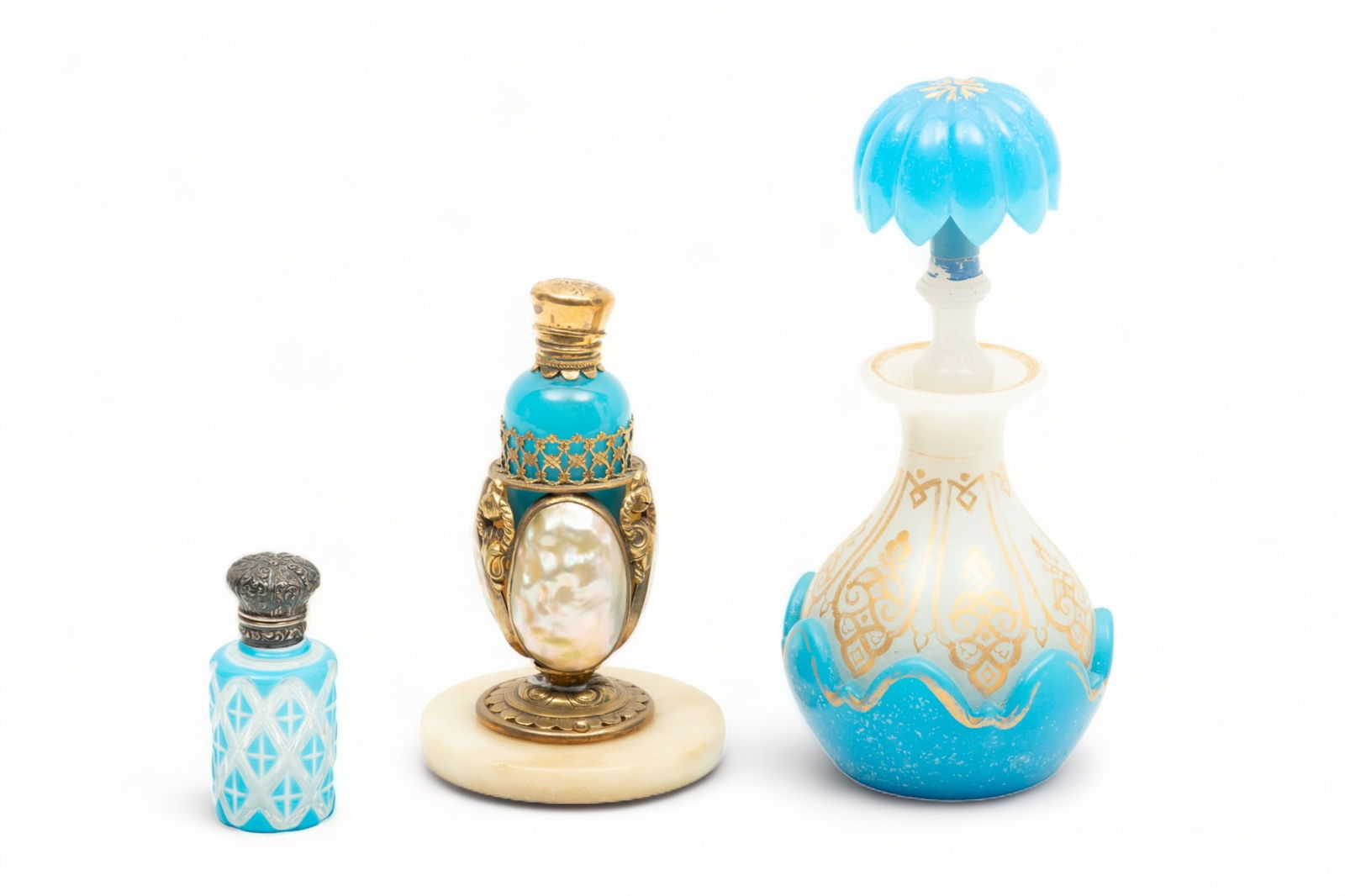 French Blue Opaline Glass Perfume Bottles, 19Th C., H 7.25", Dia 3.5", 3 Pcs (1 of 6)