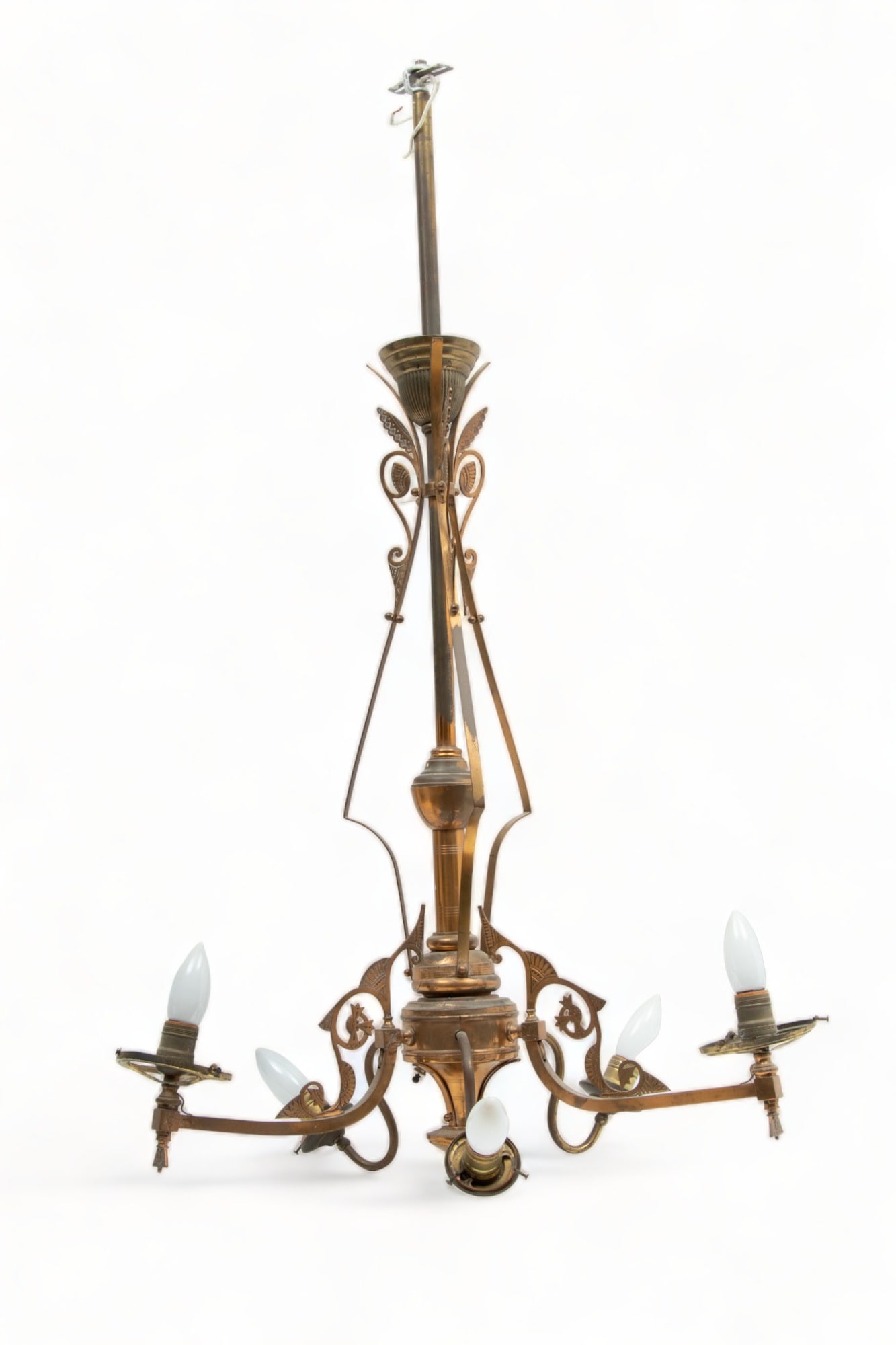 Victorian Patinated Metal Six-Light Chandelier, H 42.5" Dia. 22" (1 of 3)
