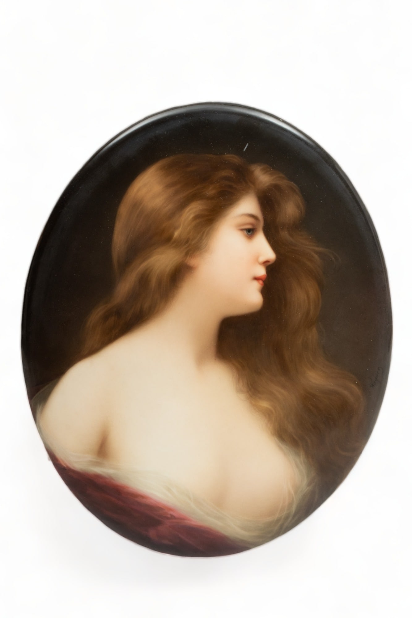 After Angelo Asti (German) Porcelain Oval Plaque Ca. 1900-1917, "Erbluth", H 10.75" W 8.5" (1 of 2)