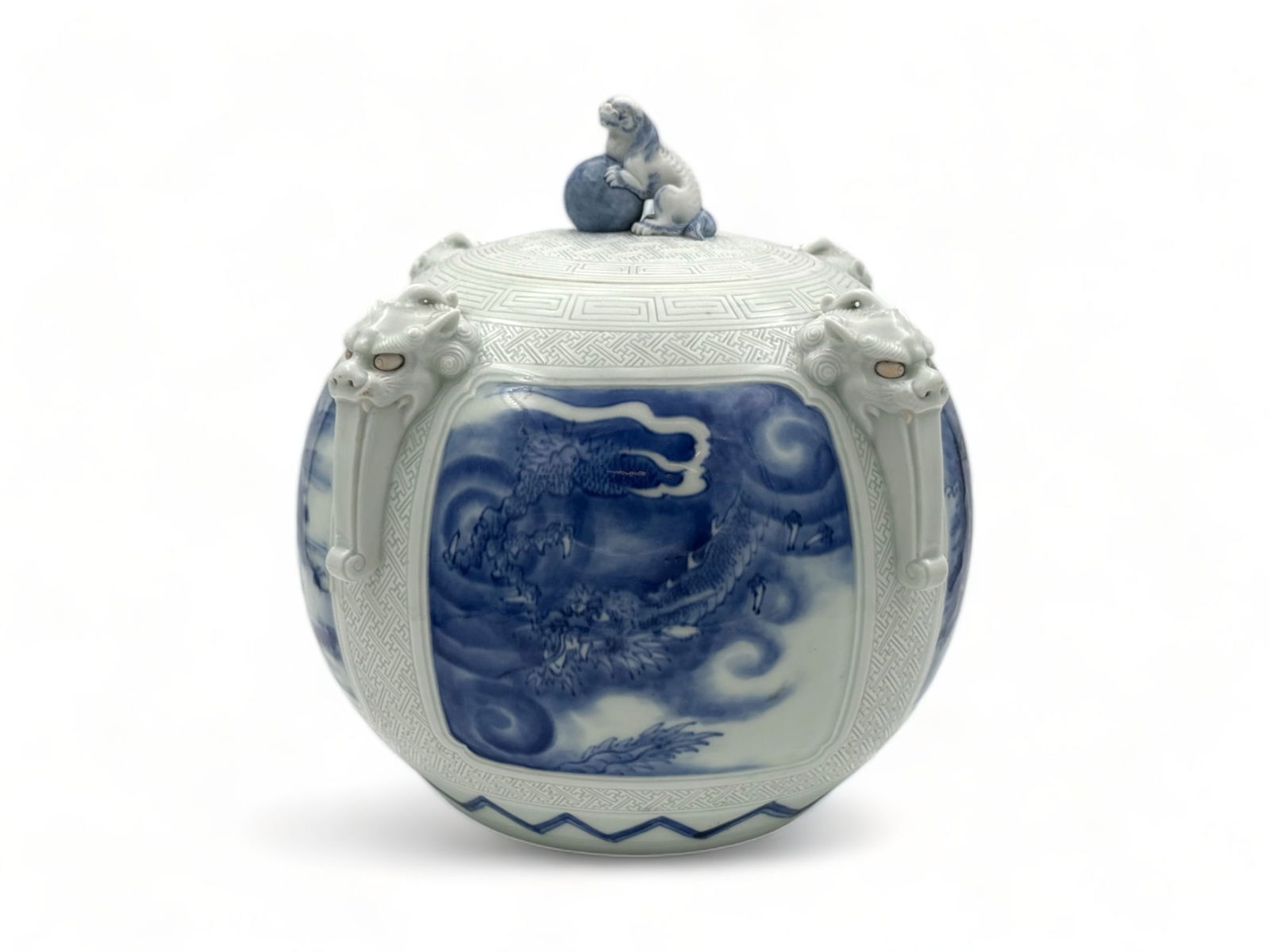 Chinese Porcelain Covered Jar, Foo Dog Mounts, Ca. 19th.c.`, H 9.5" Dia. 9.5" (1 of 6)