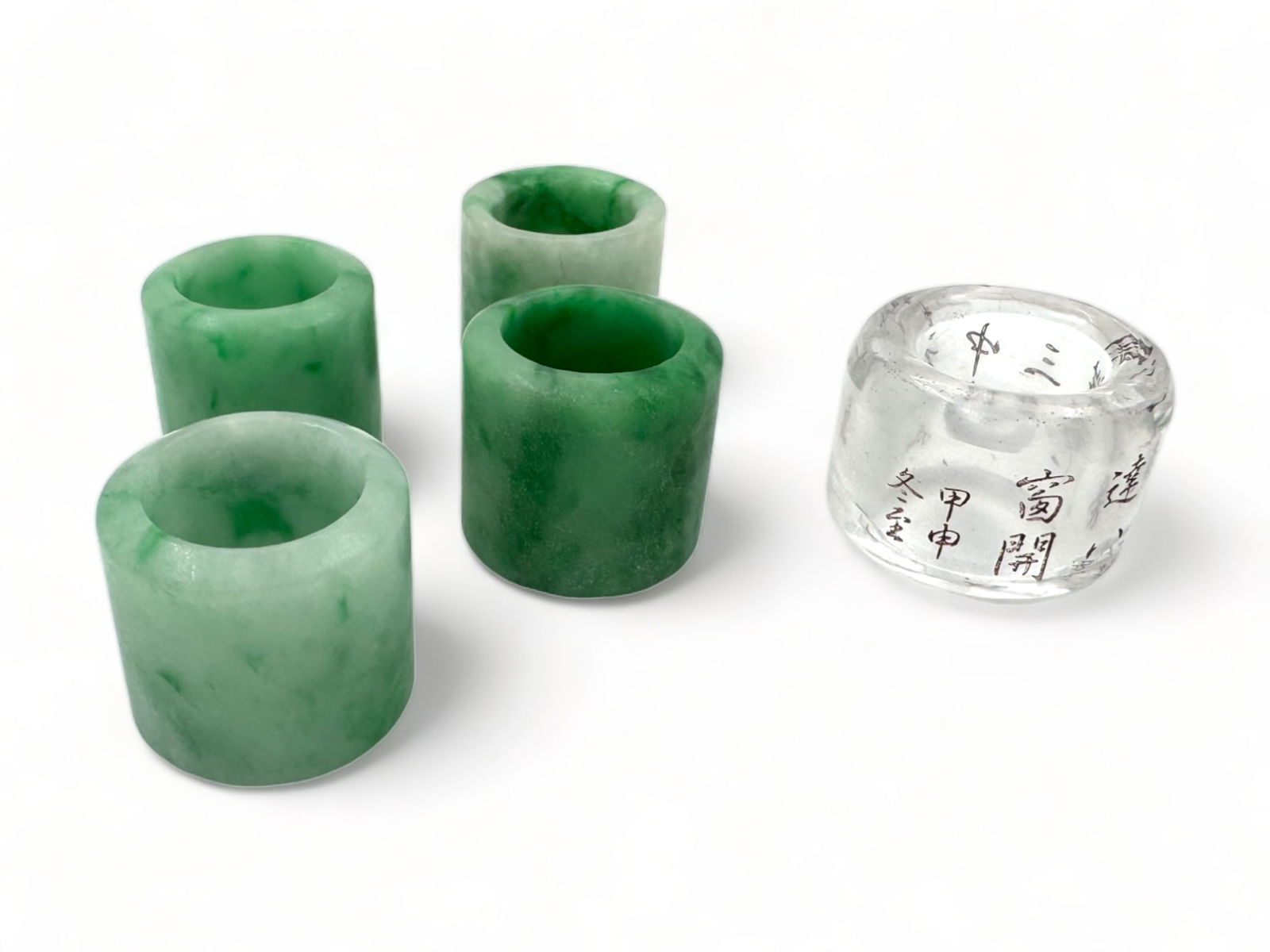 Chinese Green Jade Archer Rings (4) And Crystal Quartz Archer's Ring (1) H 1" 5 pcs (1 of 6)