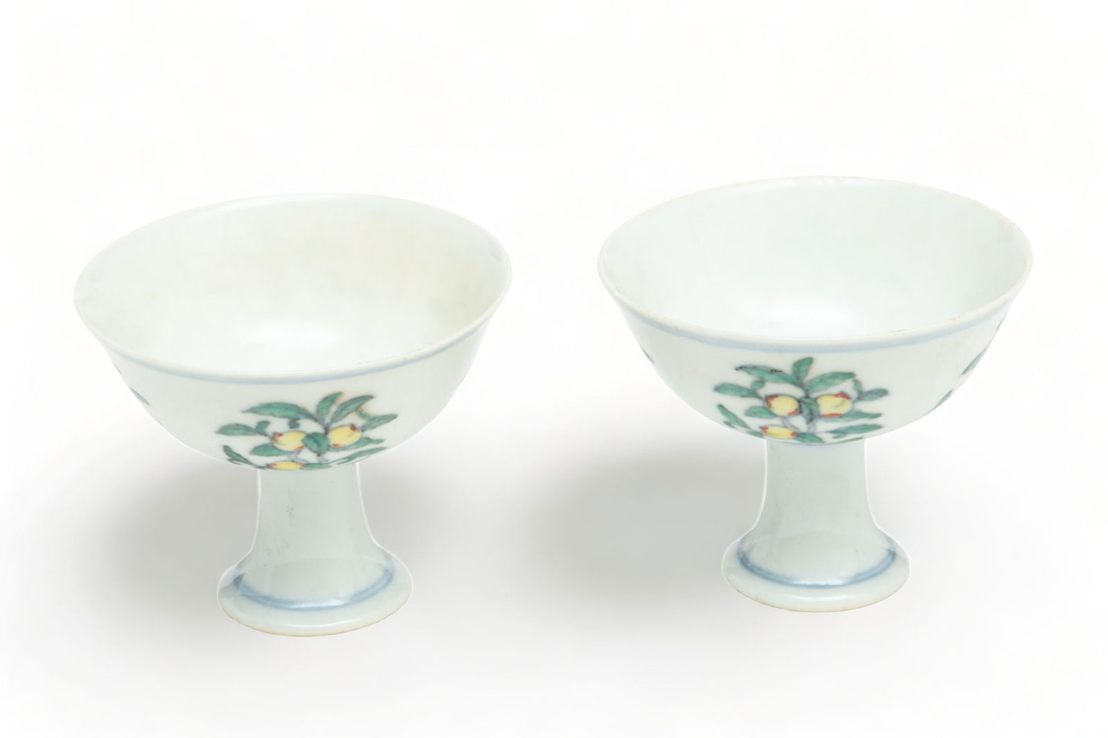 Pair of Chinese Wucai Porcelain Stem Cups, H 3.5" Dia. 4" 1 Pair (1 of 4)