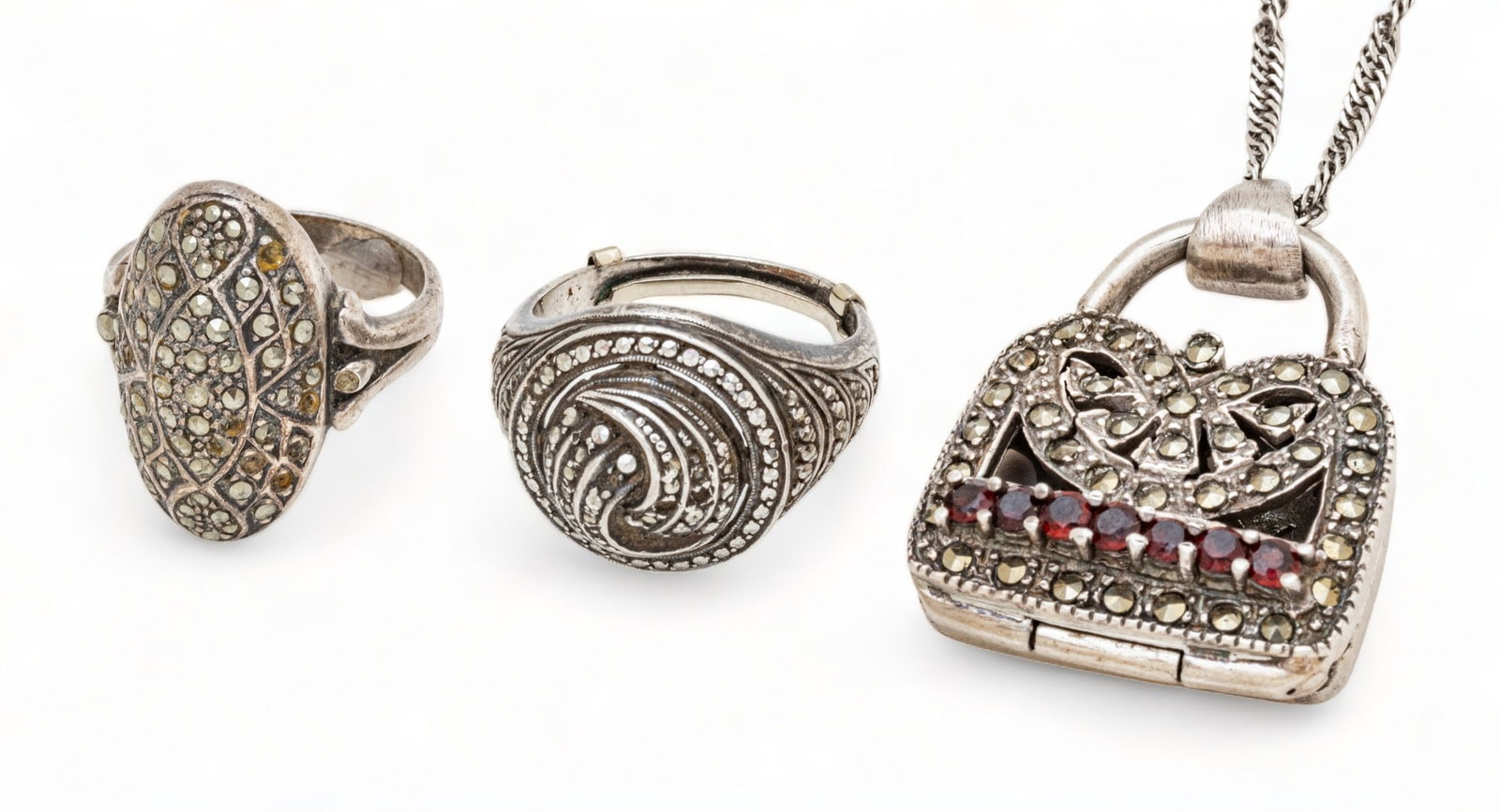 Sterling And Marcasite Necklace And Rings (2) Size 7 L 21" 34.7g 3 pcs (1 of 6)