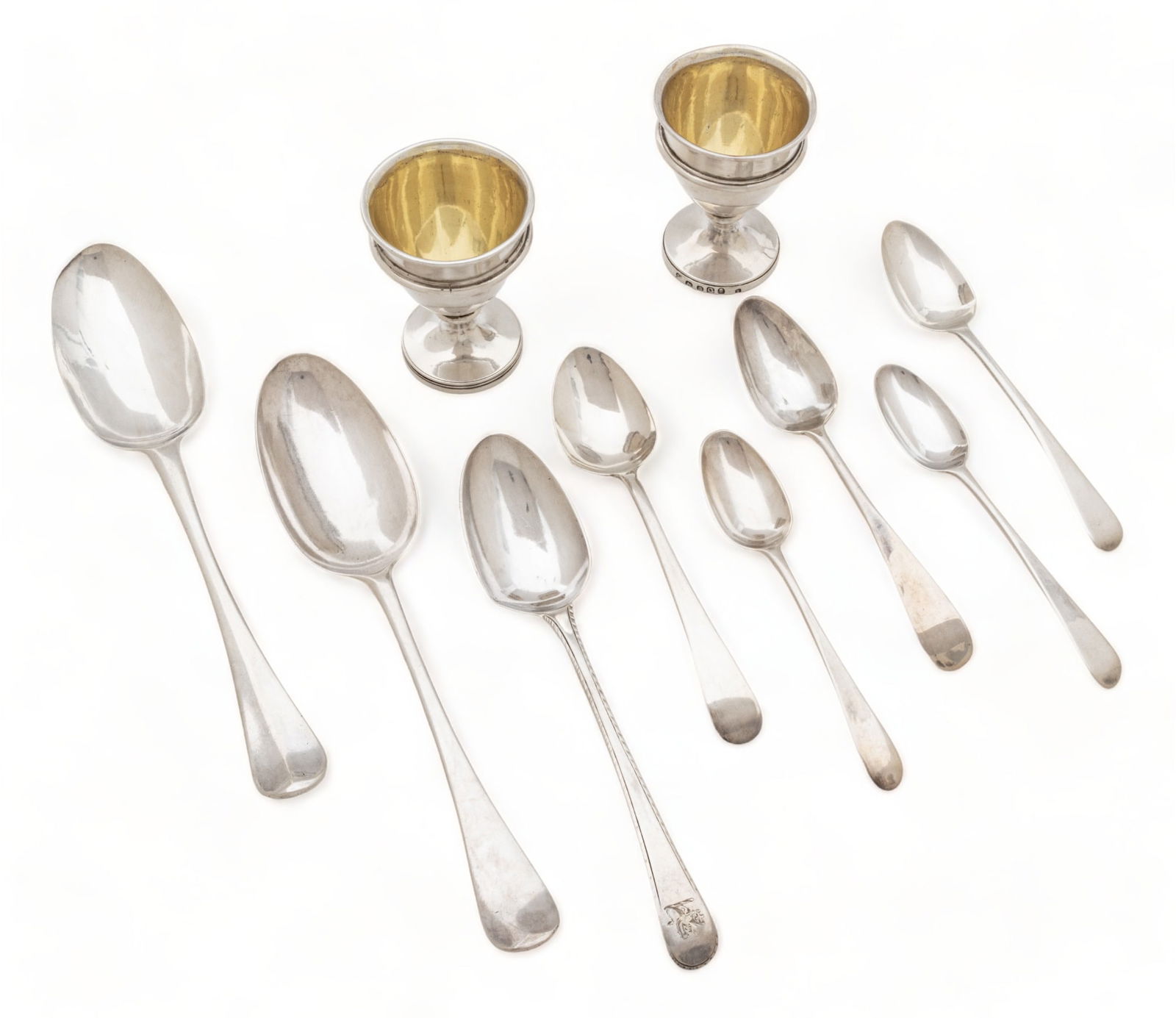 Rebecca Emes & Edw, Barnard Egg Cups (2) George 1811, H 3" 10t oz 10 pcs 2 Georgian Dessert Spoons: Rebecca Emes & Edw, Barnard Egg Cups (2) George 1811, H 3" 10t oz 10 pcs 2 Georgian Dessert Spoons C. 1723, 6 Georgian Tea Spoons | Georgian Emes & Barnard sterling egg cups with gold wash 2 5/8" (RE