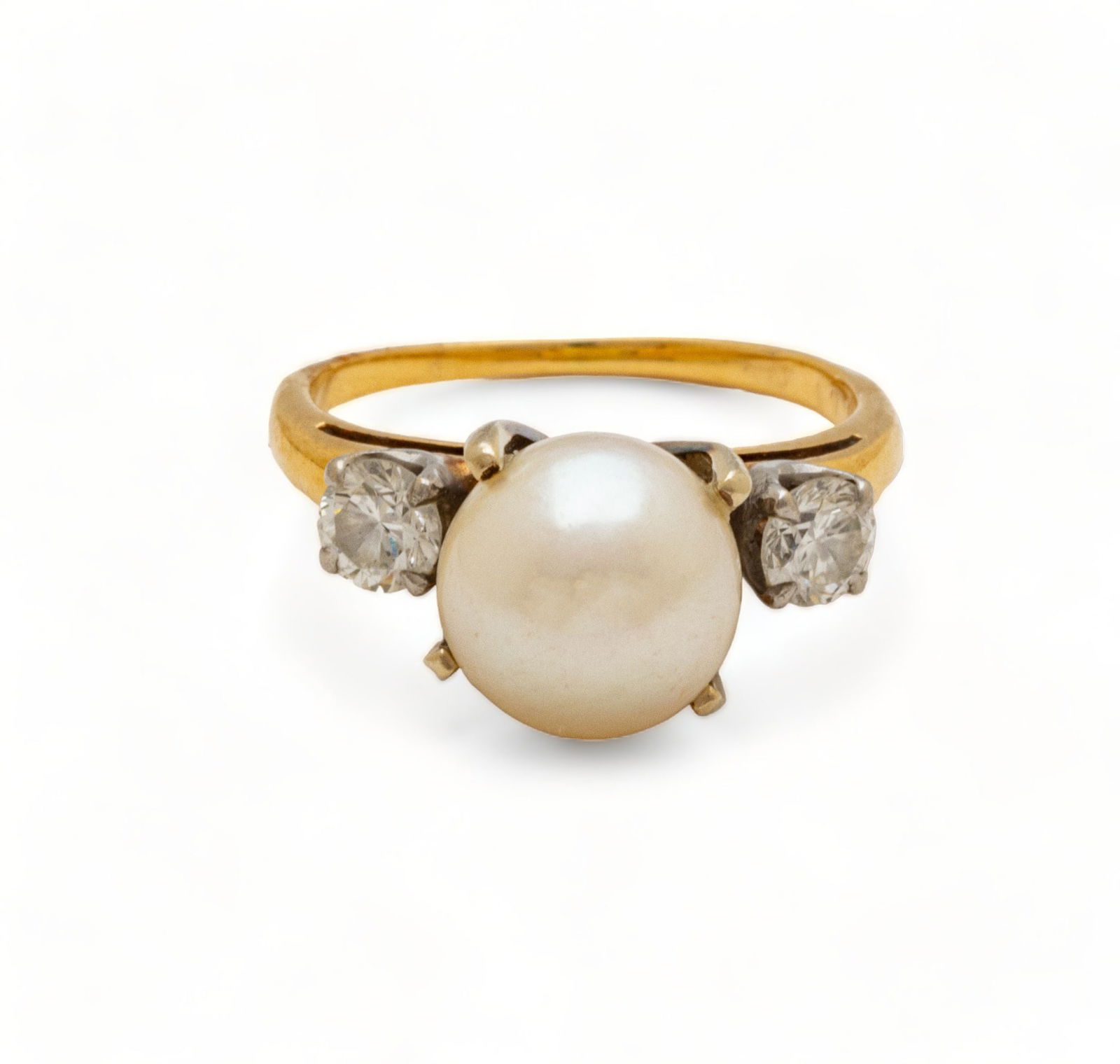 Pearl 8.5mm Ring, 2 Diamond Enhancements, Size 6 Ca. 1950, 3g (1 of 6)