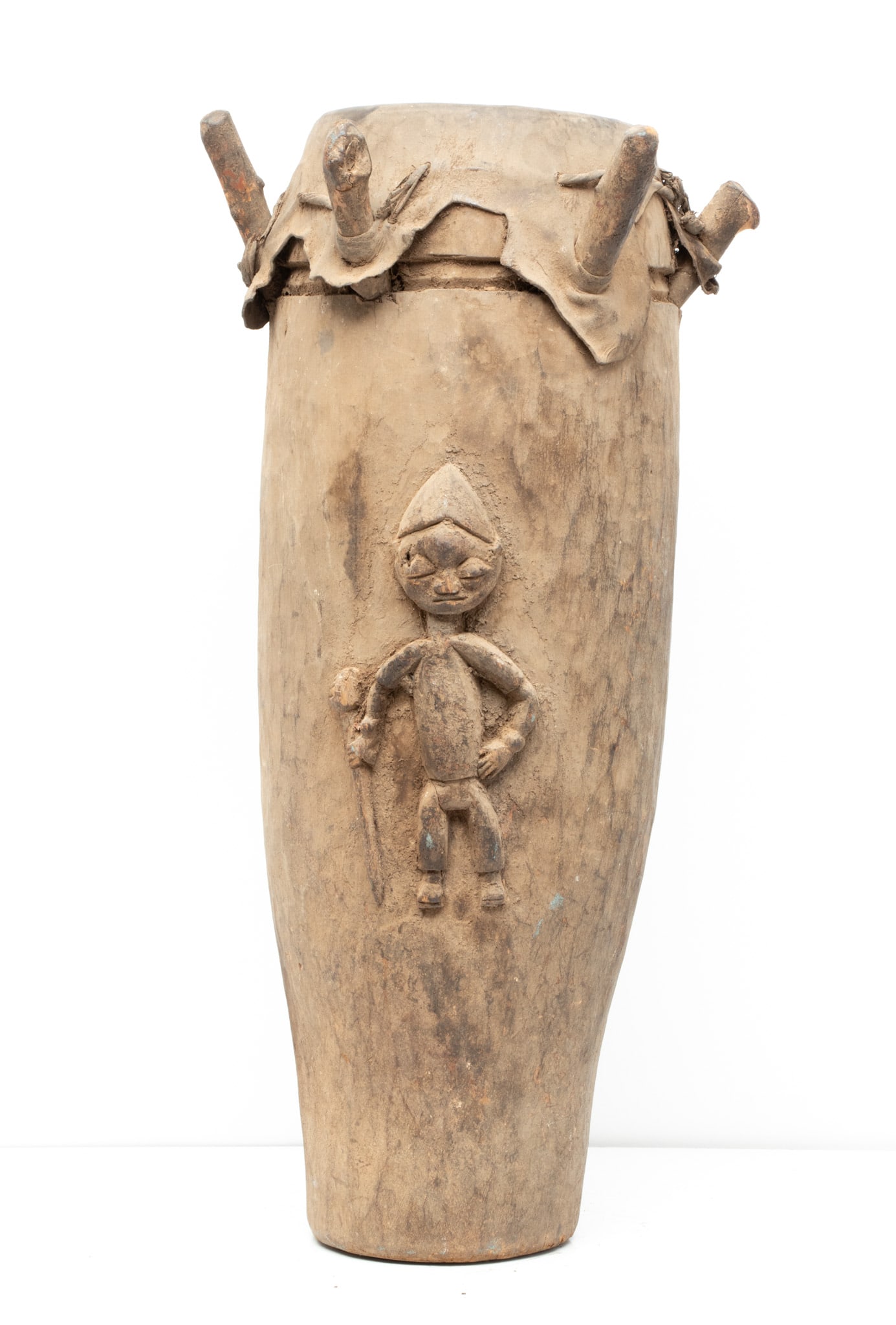 African, Yoruba, Carved Wood And Leather Drum, Mid 20th C., H 30" Dia. 12" (1 of 6)
