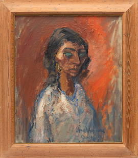 Arnold Hoffmann (American, 1886-1966) Oil on Canvas, 1953, Portrait of a Woman: Arnold Hoffmann (American, 1886-1966) Oil on Canvas, 1953, Portrait of a Woman | Signed, titled and dated lower right. Framed H 31.25", W 27". Provenance: Property from a Southfield, MI private collec