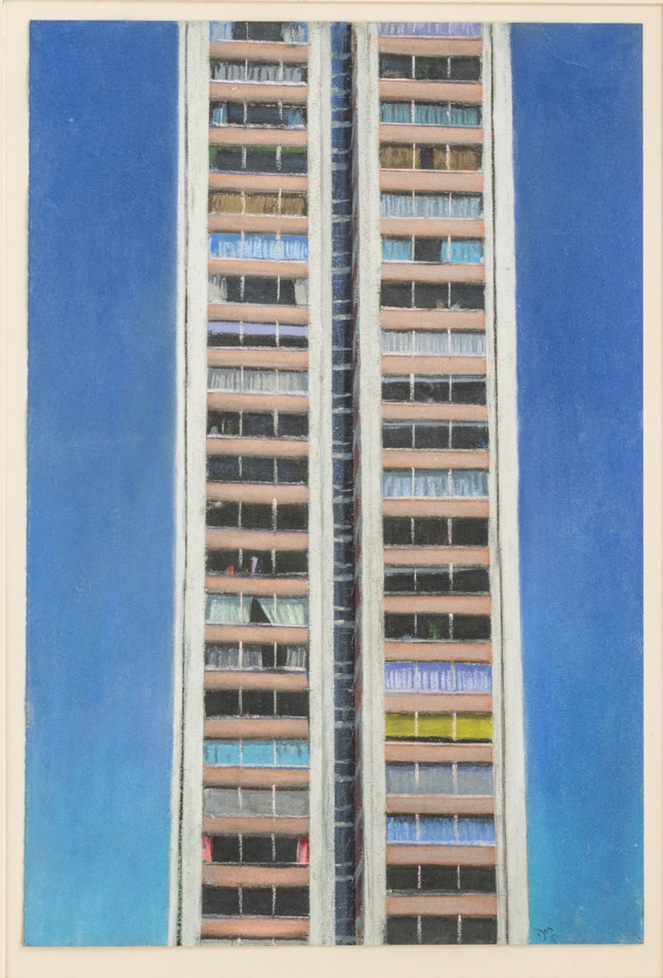 Daniel Morper (American, 1944-2016) Pastel on Paper 1980, "Vertical - 1300 Lafayette Blvd", H 19" W: Daniel Morper (American, 1944-2016) Pastel on Paper 1980, "Vertical - 1300 Lafayette Blvd", H 19" W 13" | Archival 27" X 20". Original wood frame. Provenance: Xochipilli Art Gallery, Birmingham, Michi