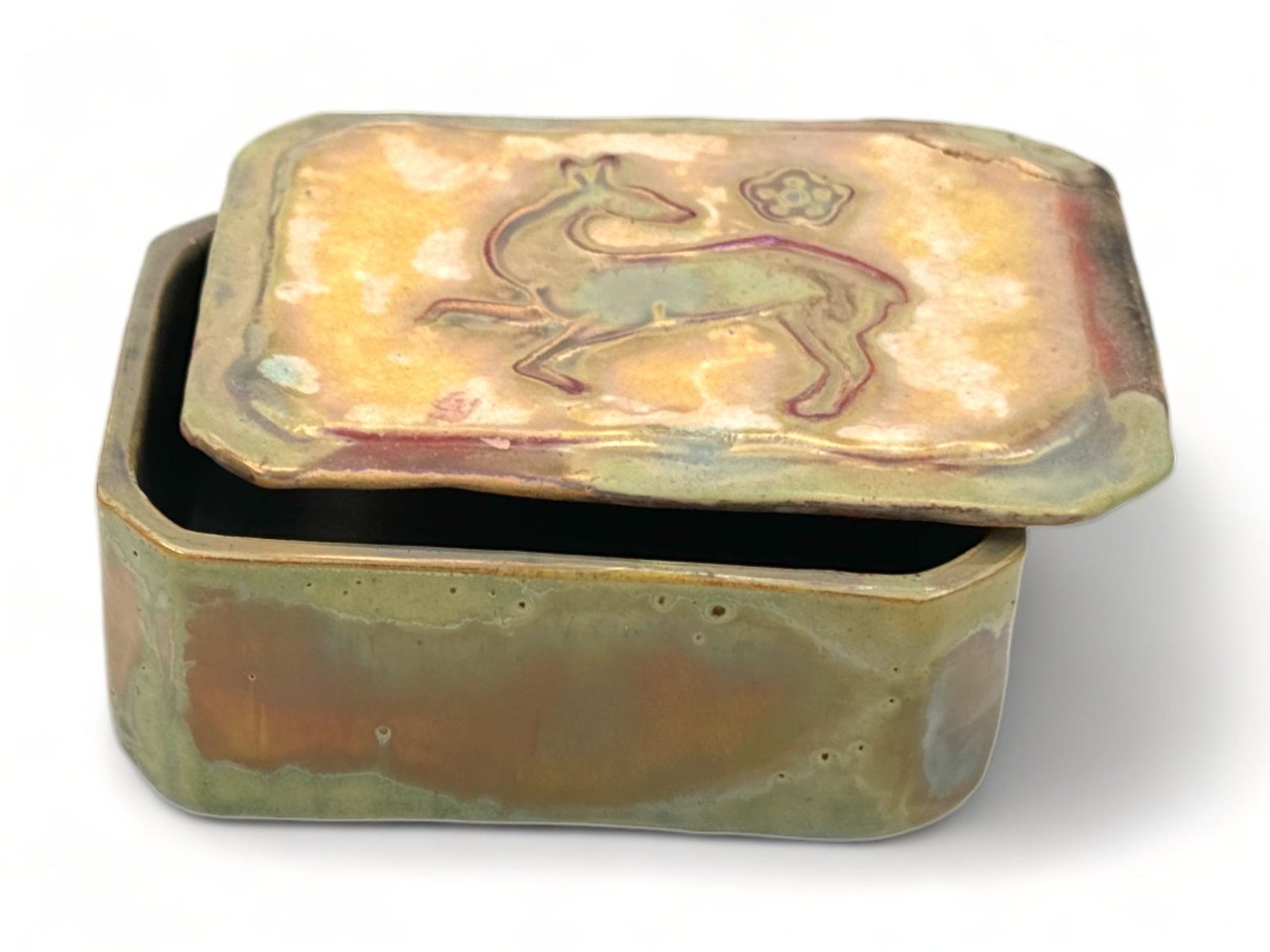 Pewabic Pottery (Detroit, Est. 1903) Copper Iridescent Glaze with Reduction Cigarette Box, Ca. (1 of 8)