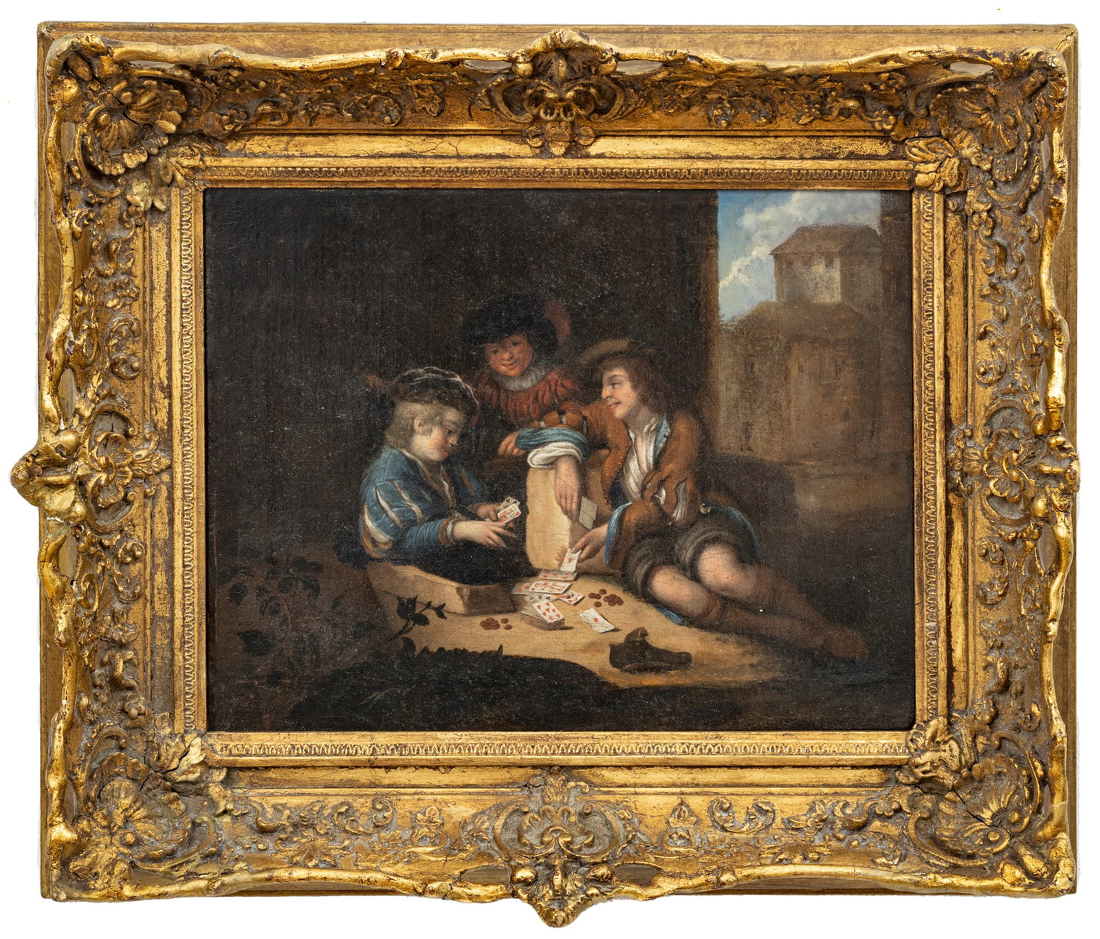 European Oil on Canvas, Ca. Late 18th C., a Game of Cards, H 10.75" W 14" (1 of 3)