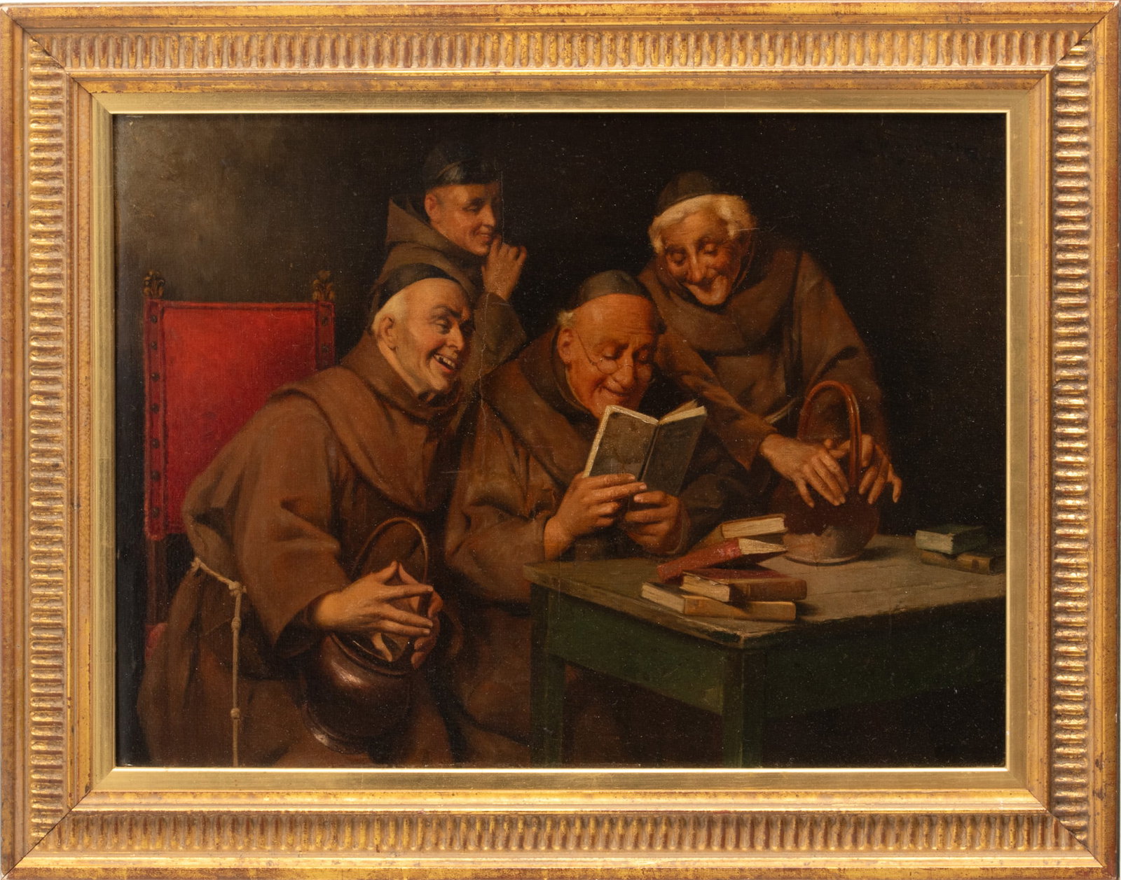 German School Oil on Canvas,  19th C., "Monks", H 15" W 20.5" (1 of 3)