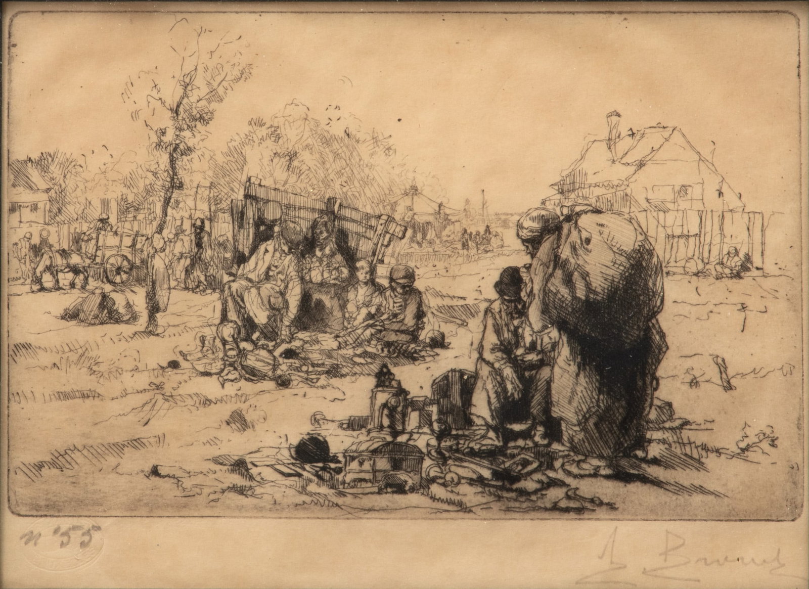Auguste Brouet (French, 1874-1945) Drypoint And Etching Petite Marchee Aux Puces, H 5.7" W 3.5" (1 of 5)