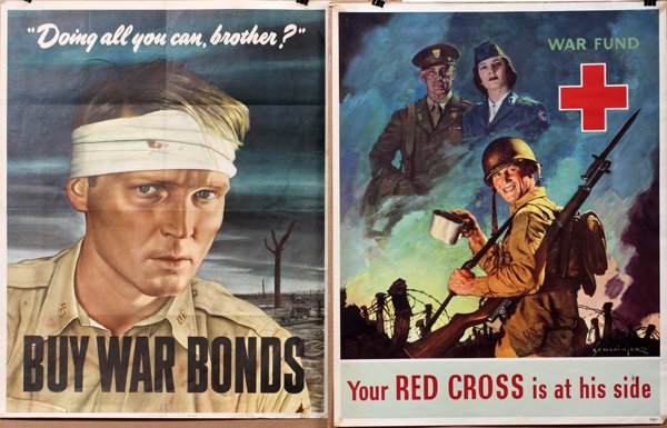 WWII WAR BOND & RED CROSS POSTERS, TWO, C. 1943: WWII WAR BOND & RED CROSS POSTERS, TWO, C. 1943, 28" X 22":two unframed color posters, first poster: "Doing All You Can Brother? Buy War Bonds", 1943, 28" x 22"; second poster inscribed at top: "War F