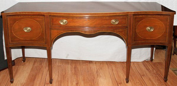 KITTINGER MAHOGANY SIDEBOARD, H 39", L 77 3/4": KITTINGER MAHOGANY SIDEBOARD, H 39", L 77 3/4", D 23 1/2":Having three drawers with brass handles, one is fitted interior.