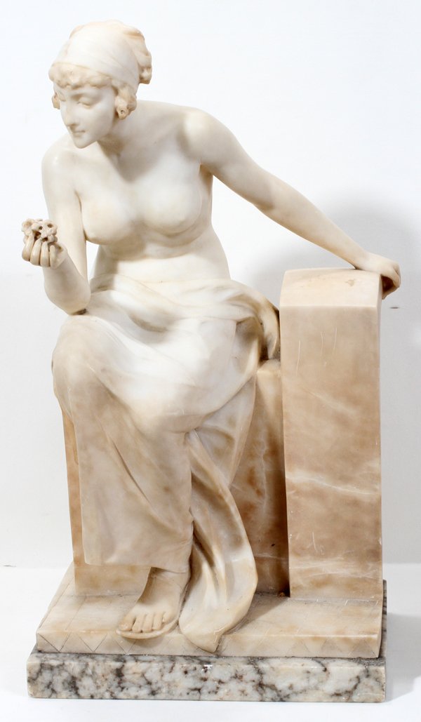 ITALIAN CARVED CARRERA MARBLE SCULPTURE C. 1900: ITALIAN CARVED CARRERA MARBLE SCULPTURE, C. 1900, SEATED FEMALE NUDE:depicts a partially nude female in alabaster holding flowers in her one hand and sitting on an integral alabaster base. Unsigned; m