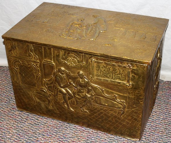 DUTCH BRASS FIRE BOX, H 17", L 26", D 16": DUTCH BRASS FIRE BOX, H 17", L 26", D 16":depicting courting scenes on the top and sides in relief;
