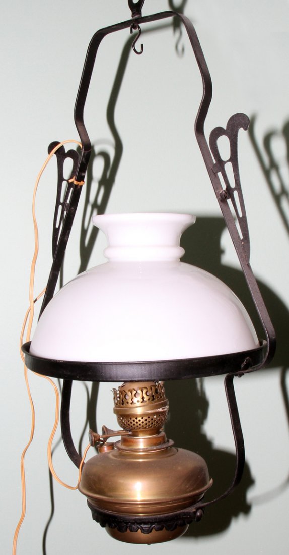 ENGLISH 'DUPLEX' BRASS HANGING OIL LAMP, H 28": ENGLISH 'DUPLEX' BRASS HANGING OIL LAMP, ELECTRIFIED, H 28", W 14":Above measurements are overall.