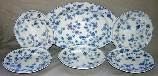 FISCHER & MIEG PORCELAIN PLATTER & PLATES,: FISCHER & MIEG PORCELAIN PLATTER & PLATES, 6 PCS, 1910-45:Fischer & Mieg and Oepiag and Epiag green mark on underside; Platter, L17"; plates 9 3/4".