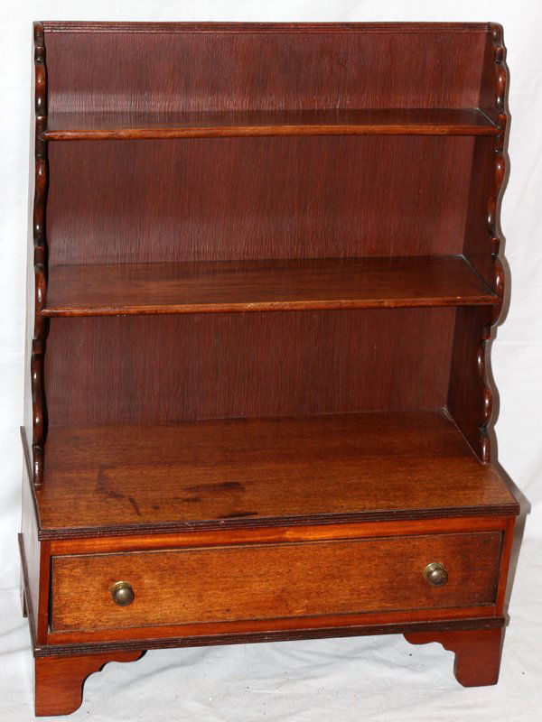 ANTIQUE ENGLISH MAHOGANY NIGHTSTAND, H 33",: ANTIQUE ENGLISH MAHOGANY NIGHTSTAND, H 33", L 24, D 12":One drawer with brass knobs below bookshelf. NOT TO BE SOLD, SEE BOB jw