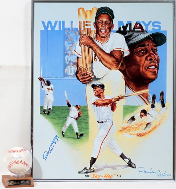 WILLIE MAYS AUTOGRAPHED BASEBALL AND RON LEWIS: WILLIE MAYS AUTOGRAPHED BASEBALL AND RON LEWIS COLOR LITHOGRAPH, 1995, 2 PCS.:includes one Willie Mays autographed Official National League Baseball, with certificate of authenticity from Brandywine C