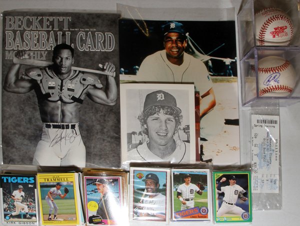 BASEBALL MEMORABILIA COLLECTION: BASEBALL MEMORABILIA COLLECTION:Collection includes Detroit Tiger autographs of Austin Jackson [on game ticket] and a baseball signed by Jose Valverde, an unsigned 1984 Word Series baseball, six Mark 