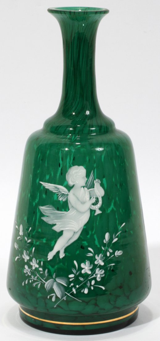 MARY GREGORY GLASS VASE, H 7", DIA 3 1/2": MARY GREGORY GLASS VASE, H 7", DIA 3 1/2":Green glass. Opalescent figure of a cherub playing a lyre, white flowers; Initialed on bottom.