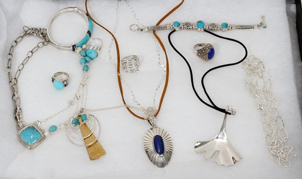 STERLING SILVER JEWELRY: STERLING SILVER JEWELRY:1 turquoise/lapis bracelet, 1 turquoise lapis/moonstone ring, 1 turquoise ring, 1 silver necklace with turquoise silver pendant, 1 silver necklace, 1 silver necklace with silve