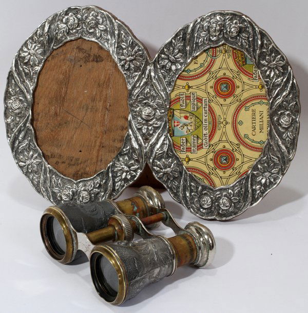 .800 SILVER PHOTO FRAME & FRENCH OPERA GLASSES: .800 SILVER PHOTO FRAME, 6" X 8 1/2", & FRENCH OPERA GLASSES:Opera glasses marked "Sportier, Paris".