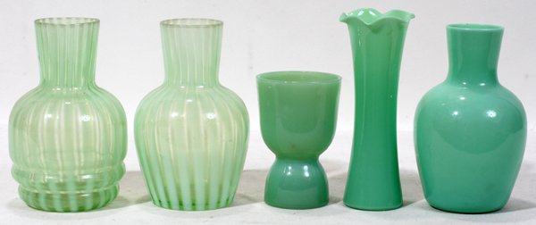 GREEN GLASS WARE, INCLUDING 19TH C., 5 PIECES: GREEN GLASS WARE, INCLUDING 19TH C., FIVE PIECES:Including 2 Victorian green opalescent carafes, c. 1870, H.6"; and 3 green opaque glass pieces, including an egg cup and two vases, H.6".