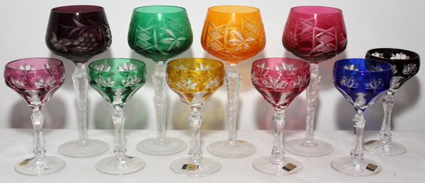 CUT CRYSTAL OVERLAY WINES, TEN, H 8" & 5 1/2": CUT CRYSTAL OVERLAY WINES, TEN, H 8" & 5 1/2":Including 4 H.8", and 6 H.5 1/2". Multi color.