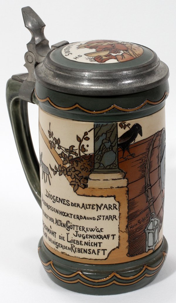 METTLACH 'SOCRATES' STEIN, #3089, C. 1900: METTLACH 'SOCRATES' STEIN, #3089, C. 1900:Pug style. Pewter rim, thumb lift. Castle mark. H 7"
