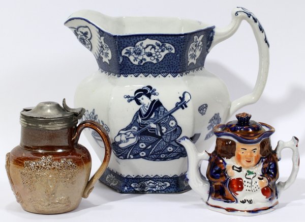 ENGLISH PORCELAIN & STONEWARE VESSELS,: ENGLISH PORCELAIN & STONEWARE VESSELS, LATE 19TH-EARLY 20TH C., THREE PIECES, H 3"-6":Including 1 Allerton toby style miniature teapot with copper luster accents, H.3", 1 stoneware mustard pot with hi