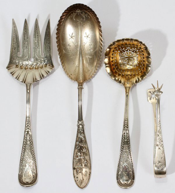 ANTIQUE STERLING SERVING PIECES, FOUR: ANTIQUE STERLING SERVING PIECES, FOUR:Including a Gorham serving fork, engraved coin spoon by I. lewis ('May 13, 1851-1876'), engraved drain spoon (1884), and sugar tongs by Justis & Armiger.
