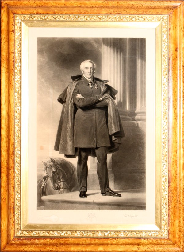 THOMAS LURTON, ENGRAVING, 19TH C., 24" X 15": THOMAS LURTON, ENGRAVING, 19TH C., 24" X 15" IMAGE, DUKE OF WELLINGTON:After Henry Perronet Briggs, under glass in a beveled curly maple frame with gold leaf liner carved with tendril motif.