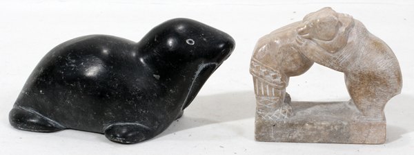 CANADIAN INUIT SCULPTURES, TWO, L 4" & 6": CANADIAN INUIT SCULPTURES, TWO, L 4" & 6":Includes walrus, L 6"; Eskimos, 4" soapstone.