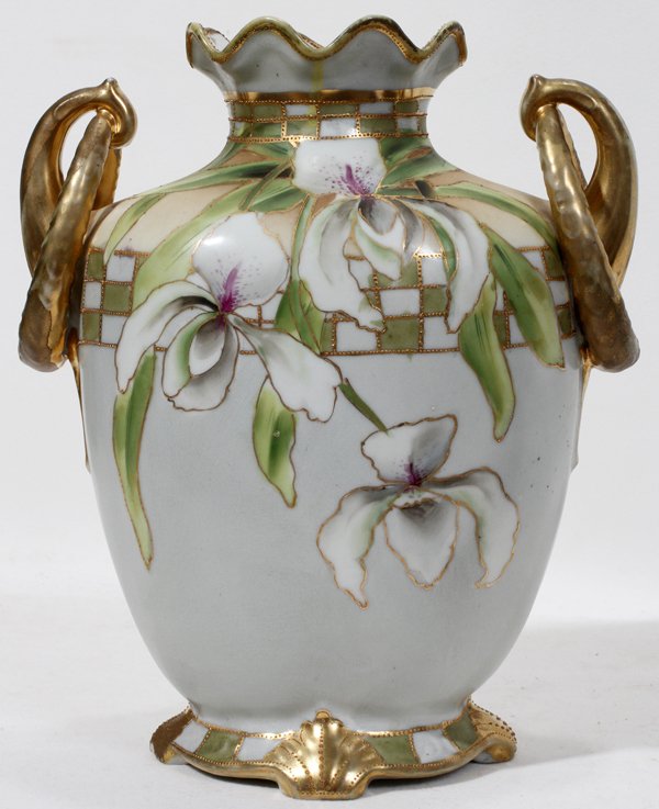 NIPPON HAND-PAINTED PORCELAIN VASE, H 9": NIPPON HAND-PAINTED PORCELAIN VASE, EARLY 20TH C., H 9":Motif of irises.