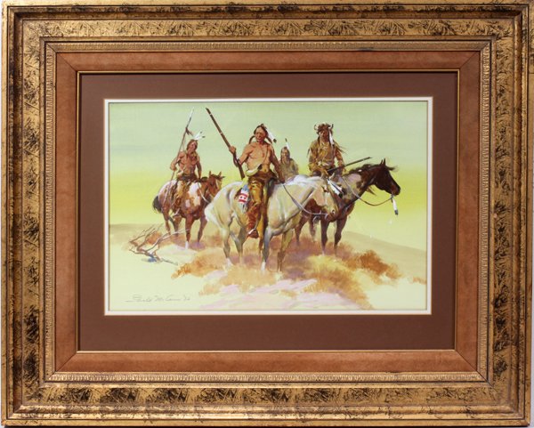 GERALD MCCANN (AMERICAN 1916), WATERCOLOR: GERALD MCCANN (AMERICAN 1916), WATERCOLOR, 12" X 19" SIGHT, INDIANS ON HORSEBACK:12 1/4" x 18 3/4" sight; signed lower left; gilt frame.
