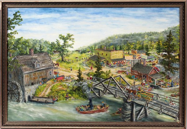 GERALD NEES, OIL ON ARTIST BOARD, 24" X 35": GERALD NEES, OIL ON ARTIST BOARD, 1974, 24" X 35", "JUST AN OLD RIVER TOWN":Artist is from Cory, Indiana and painted this by mouth. Signed on back. Oil on artist board.