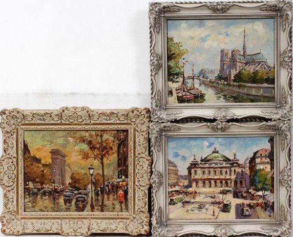 STYLE OF FRANCOIS GEROME, OILS ON CANVAS, 3,: STYLE OF FRANCOIS GEROME, OILS ON CANVAS, 3, 8" X 10", PARIS STREET SCENES:Two appear to be initialed, "HF" lower right; period or original antiqued frames.