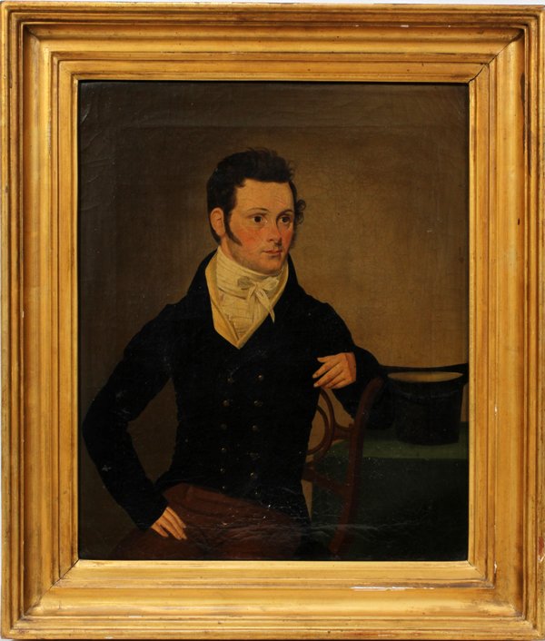 PRIMITIVE PORTRAIT, OIL ON CANVAS CIRCA 1800: PRIMITIVE PORTRAIT, OIL ON CANVAS CIRCA 1800 17" X 14":seated gentleman with top hat on table. Not signed.