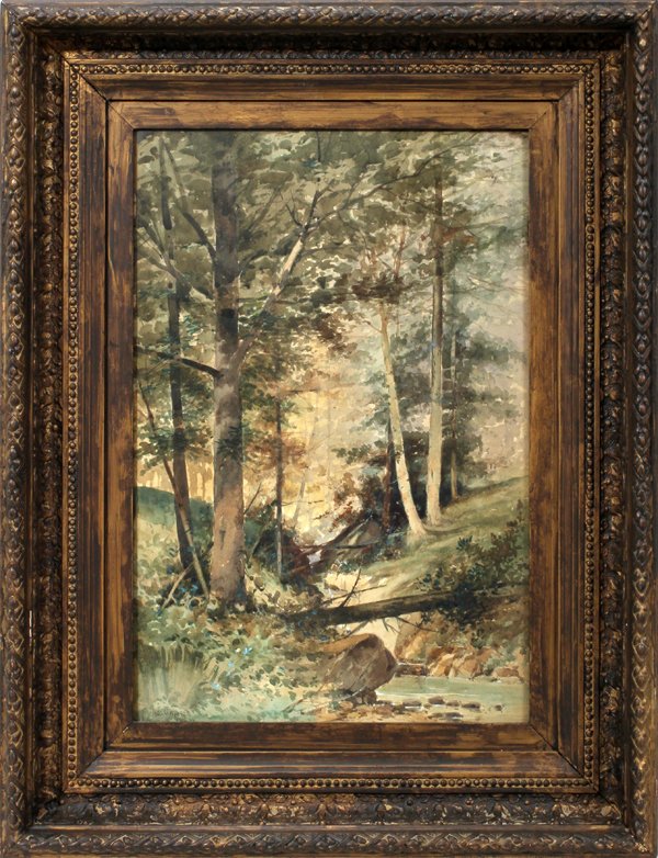 THOMAS G. MOSES, [USA 1856 - 34] WATERCOLOR,: THOMAS G. MOSES, [USA 1856 - 34] WATERCOLOR, 1899, 18" X 12" WOODLAND SCENE:one watercolor work by Thomas G. Moses featuring a forest interior. The work is signed in the lower left corner in black wat