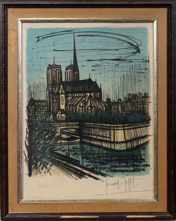 BERNARD BUFFET (FRENCH), COLOR LITHOGRAPH: BERNARD BUFFET (FRENCH 1928-1999), COLOR LITHOGRAPH, 20" X 17", "LE SEINE" SHOWING NOTRE DAME:#43/125; pencil signed; 20 1/2" x 17" image; 23 1/2" x 17 1/2" sight paper size; framed.