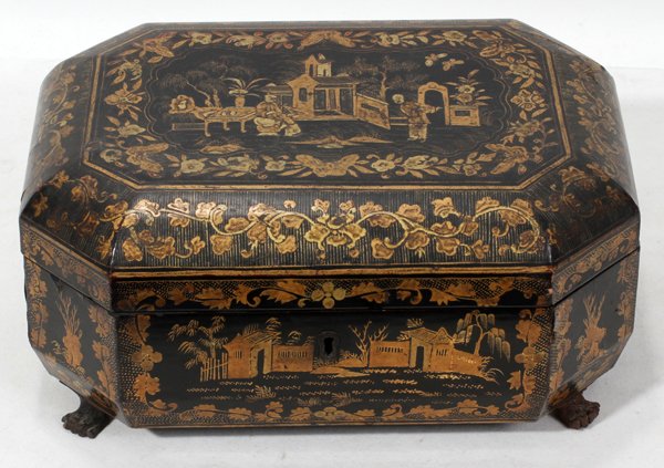 CHINESE EXPORT LACQUERED SEWING BOX, 19TH C.: CHINESE EXPORT LACQUERED SEWING BOX, 19TH CENTURY, H 5", L 11 1/2", D 8":Black lacquered octagonal form box with hinged lid is decorated, in gold color, with figural and architectural reserves and lea