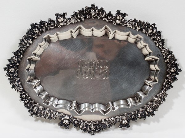 TOWLE STERLING SALVER,: TOWLE STERLING SALVER, W 6", L 9":With a repousse border and a recessed well, monogramed "CHG" at the well; footed. Retailed by Theodore B. Starr; stamped "375". Approximately 7.55 trz.
