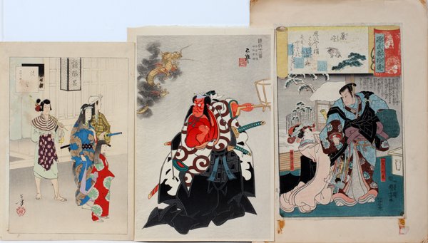 JAPANESE UKIYO-E COLOR WOODBLOCK PRINTS, 3,: JAPANESE UKIYO-E COLOR WOODBLOCK PRINTS, 3, C. 14 1/4" X 9 1/2" TO 15 1/2" X 10 1/2" PAPER, FIGURES:2 young males and a young female, unidentified Japanese block signature; samurai warrior or actor wi