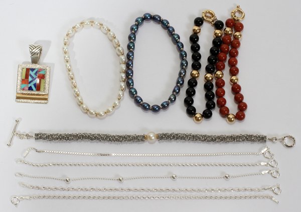 STERLING, BEADED, & 14 KT GOLD BRACELETS,: STERLING, BEADED, & 14 KT GOLD BRACELETS, PLUS A PENDANT, ELEVEN PIECES:Including 6 sterling bracelets, 2 Honora Collection elastic bracelets with cultured pearls and 14 kt yellow gold beads, 2 beaded